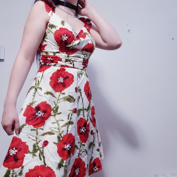 Chadwicks Collection Floral Midi White & Red Ruffle Sleeve Dress - Picture 5 of 8